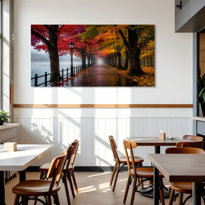 Toile, art mural, sentier d'automne, arbres jaunes et rouges, lampadaire rétro, décoration murale pour salon, salle de bain, bureau de chambre à coucher, H 24 po x l 48 po, prêt à accrocher