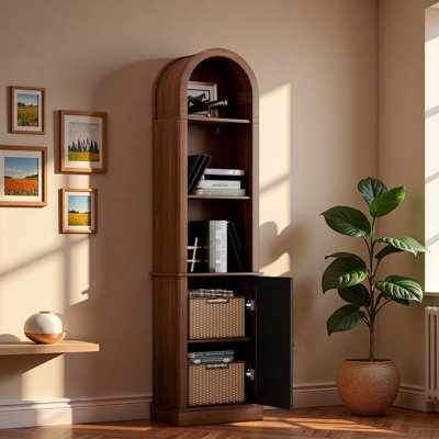 Tall Arched Bookshelf with Shutter Door, Open Shelves and Closed Storage Cabinet