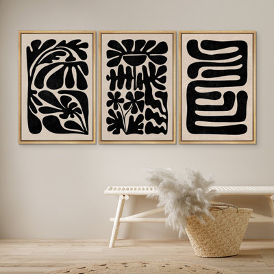 Abstrait botanique noir, art moderne boho, impression numérique sur toile, impression numérique sur toile encadrée