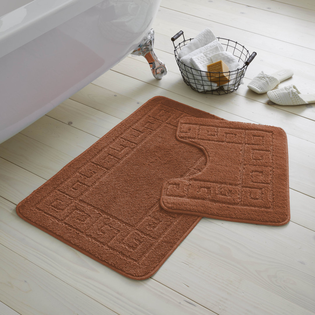 2 Piece Bathroom Rug Set Greek Key Pattern Bath Mat & Pedestal Mat Non Slip Rubber Back Soft Absorbent Mats