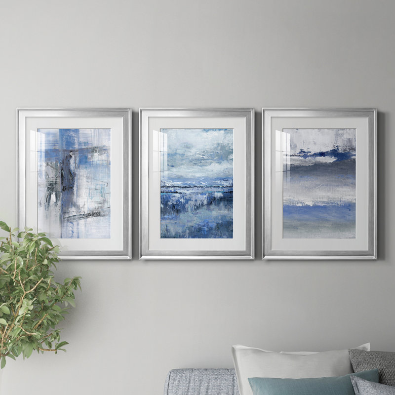 Soft Solace Indigo - Ensemble de 3 reproductions de cadres photo, Argent argent, H 18,5 po x l 73,5 po x P 1,5 po