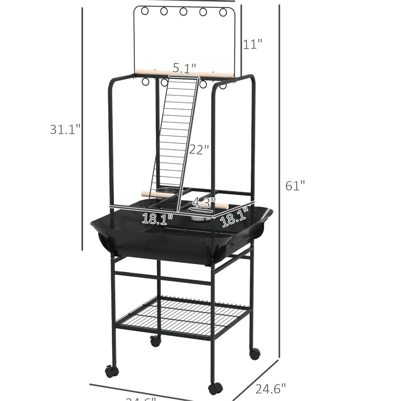 Support à oiseaux gris foncé pour petits perroquets - roues, bols en acier inoxydable, plateau coulissant, support, perroquet durable avec perchoirs multifonctionnels, pratique