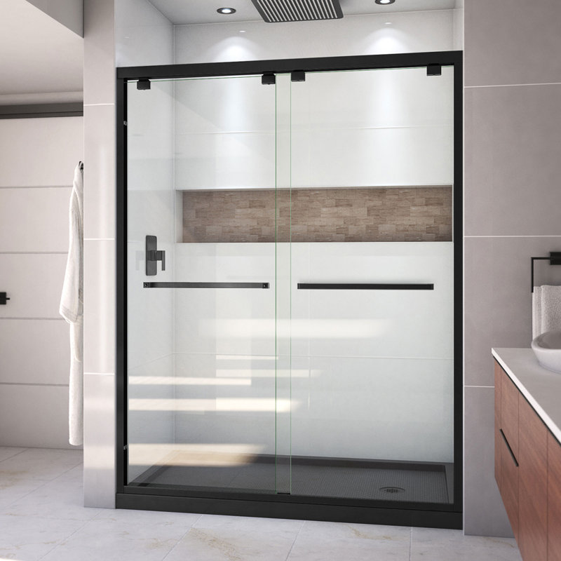 DreamLine Encore P 30 po x l 60 po x H 78 3/4 po Porte de douche semi-encadrée en nickel brossé avec base de douche à drain central