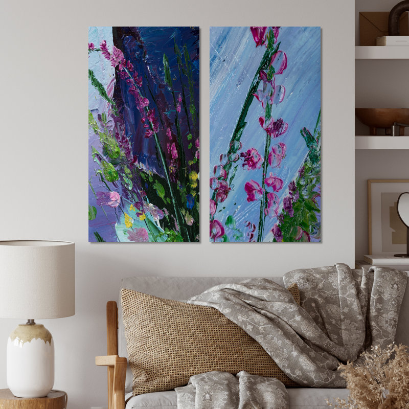 Fleurs abstraites mauves et vertes II - Ensemble de 2 peintures sur toiles, Toile tendue, H 20 po x l 24 po x P 1 po