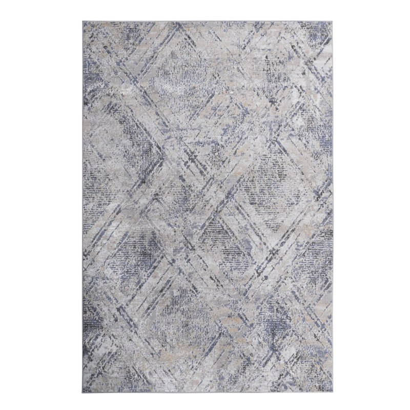 Tapis bleu / gris / géométrique de la collection LOOM & LUXE, Rectangle 6 pi x 9 pi