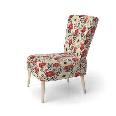 Red And Beige Retro Floral Pattern - Upholstered Farmhouse Side Chair, Red Accent Chair
