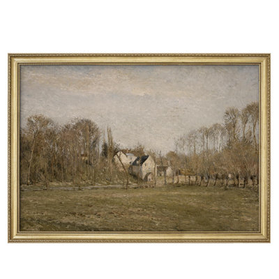 "Paysage rétro, scène de campagne paisible avec arbres nus, décoration murale encadrée dorée"