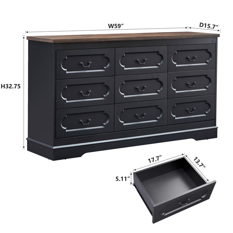 Farmhouse 59" W 9 Drawer Dresser for Bedroom, Rustic Tall Chest of Drawers for Bedroom, Black