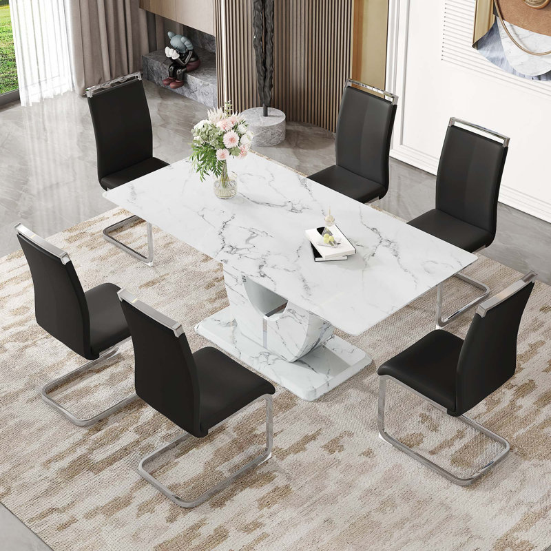 Ensemble de table et de chaises Motif marbré simple moderne, Blanc, 7, Noir / argenté