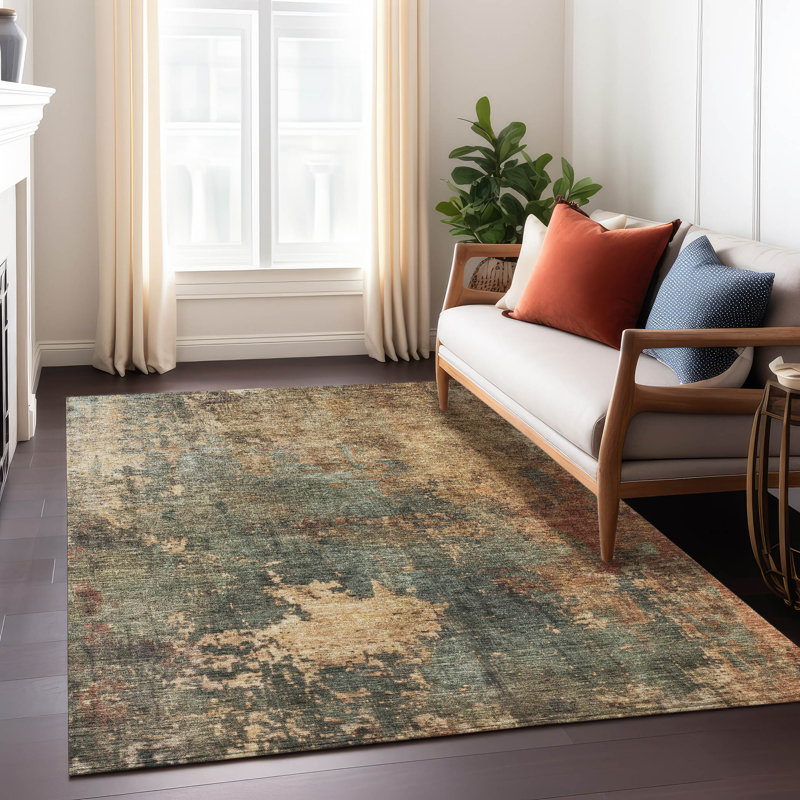 Machine Washable Red and Beige Synthetic Rectangular Rug