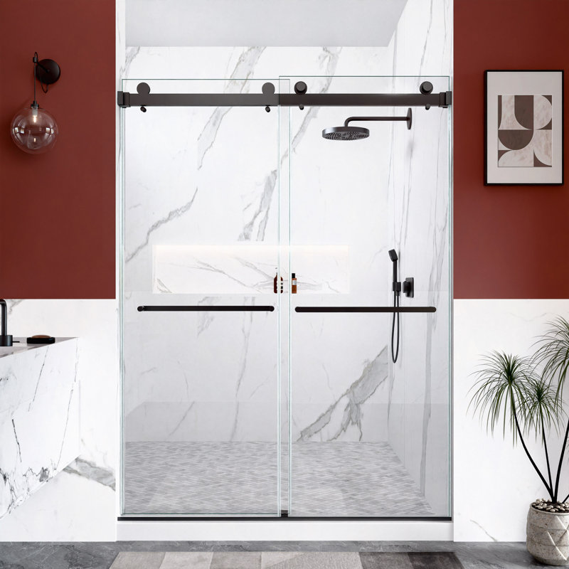 56"-60"W X 80"H Frameless Double Sliding Shower Door, 3/8" (10Mm) Thick SGCC Tempered Glass Door, Matte Black