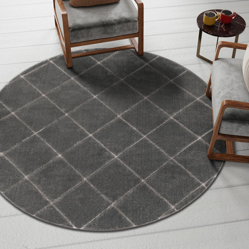 Tapis à carreaux gris et argent Latitude Run® Novica, Rond 6 pi 1 po