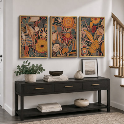 Abstract Botanical "Bohemian Orange Brown Floral Artwork, Unique Vintage Classy Living Room Wall Pictures, Framed Canvas Giclée Print 3 Pieces Wall Art" 16"x24"x3 pcs, 24"x36"x3 pcs, 20"x60"x3 pcs