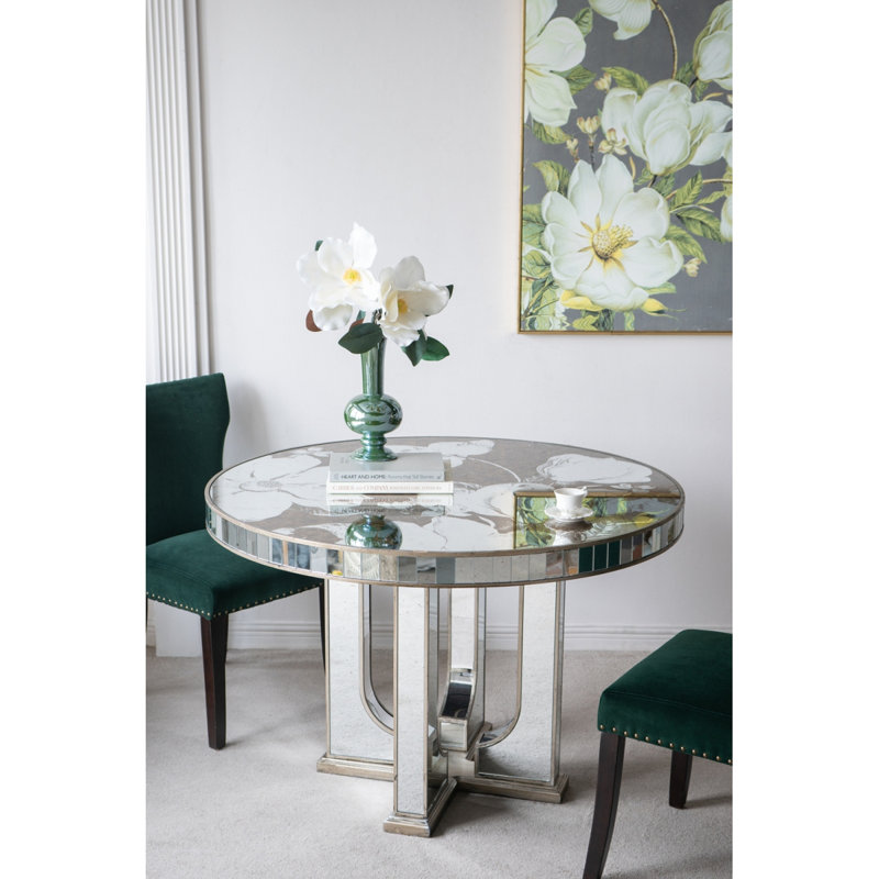 Table de salle à manger 47 x 47 x 31,5 po avec motif floral élégant et finition argentée