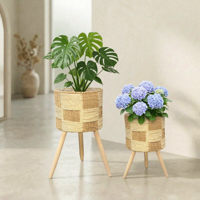 Ensemble de supports à plantes tissés 2 pièces avec base en bois et doublures en plastique Boho
