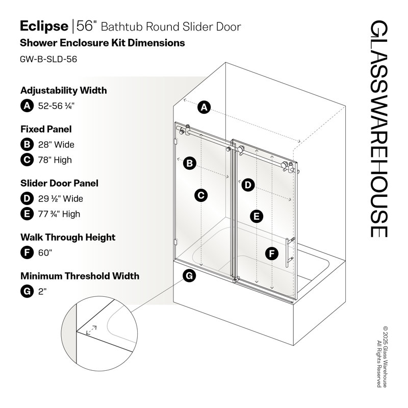 Eclipse 52 - 56 in. x 60 in. Fully Frameless Sliding Bathtub Door, Brushed Nickel
