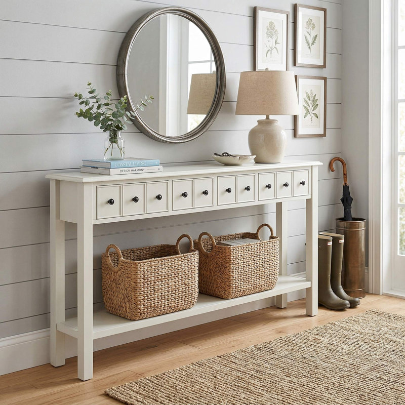 Console de canapé extra longue avec 4 tiroirs de rangement et tablette ouverte pour le vestibule du vestibule, Blanc
