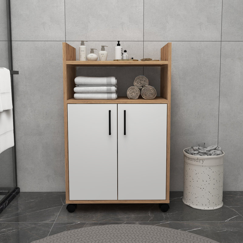 Armoire polyvalente moderne, pin atlantique et blanc, 23,6 po x 38,3 po x 13,8 po | 100% panneau de particules enduit de mélamine, épaisseur: 0,7 pouce | Comprend des roulettes, du rangement supplémentaire et une fixation murale, idéale pour les espaces contemporains