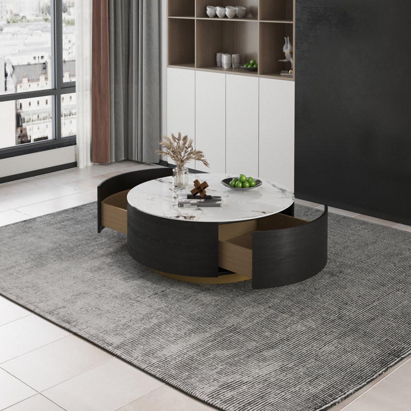 Jahnea Round Coffee Table with Storage, 2 Drawers, Black, Dali White