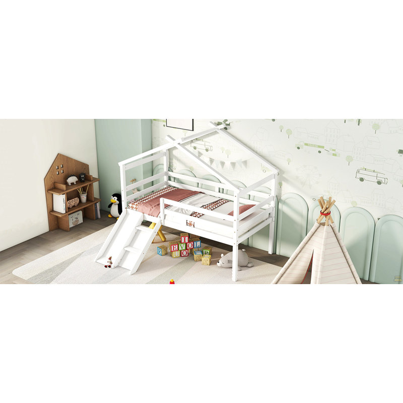 Lit simple mezzanine bas avec glissoire, échelle, White