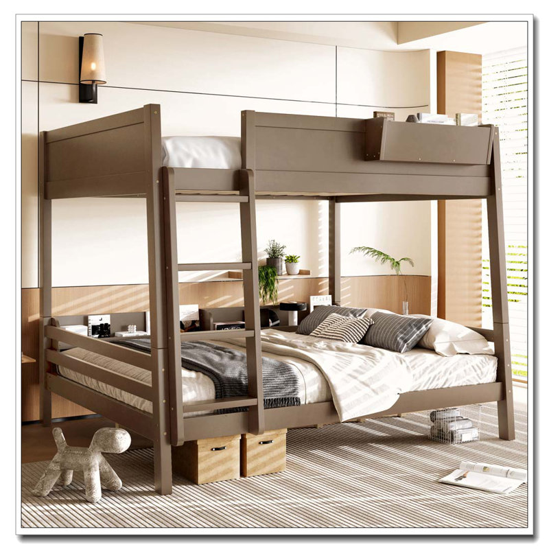 Lit superposé avec tablette de rangement et bibliothèque, lit superposé en bois avec échelle et garde-corps, Grand lit, Brun