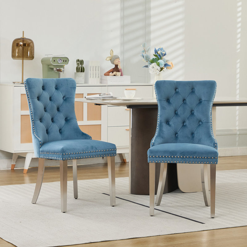 Ensemble de 2 chaises capitonnées avec garniture cloutée, Bleu pâle