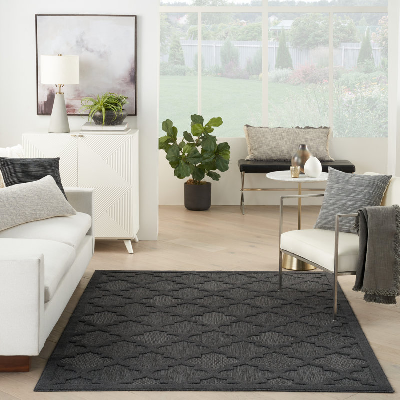 Adianey Red Barrel Studio Easy Care Trellis Charcoal/Black Indoor/Outdoor Area Rug, Rectangle 5' x 7'
