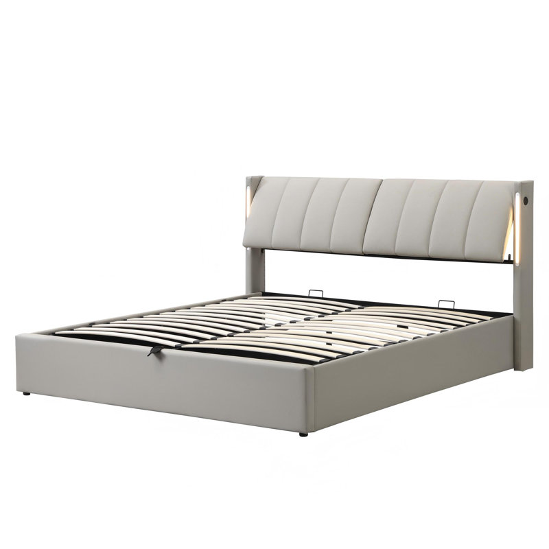 Upholstered Storage Bed With Adjustable Headboard, USB And LED PU, Kingsize (5'), Grey