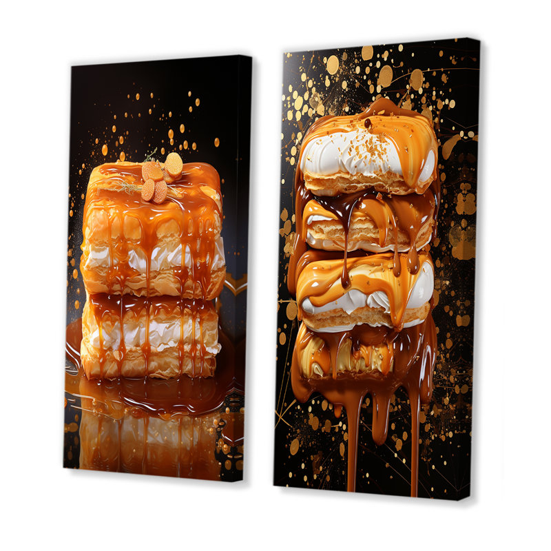 Dessert doré caramel élégant - Ensemble de 2 desserts muraux Desserts, Toile tendue, H 32 po x l 33 po