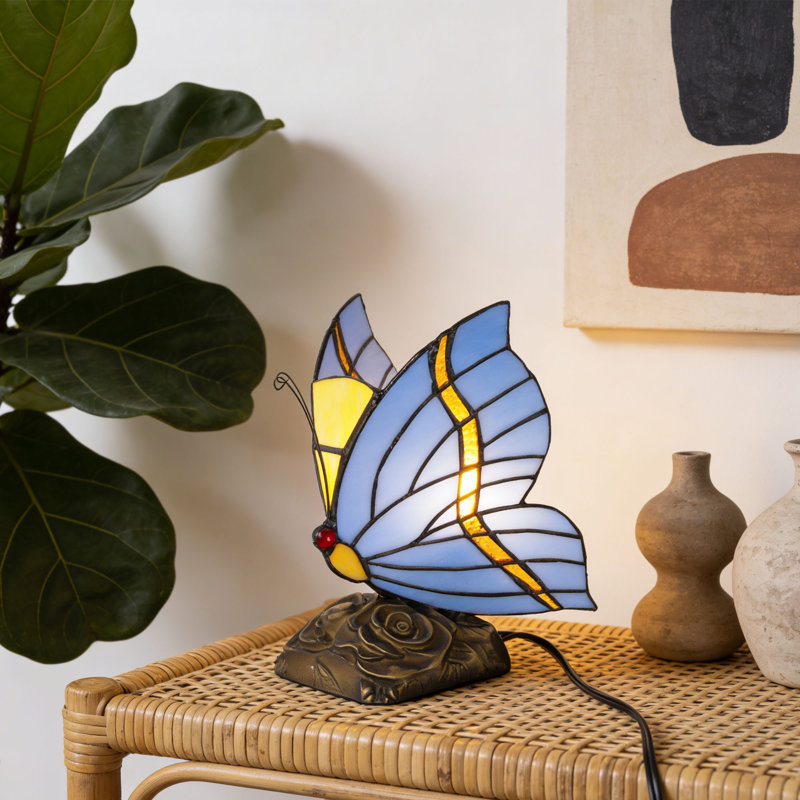 Lampe d'appoint papillon en vitrail avec base rose rétro - Lampe de table décorative