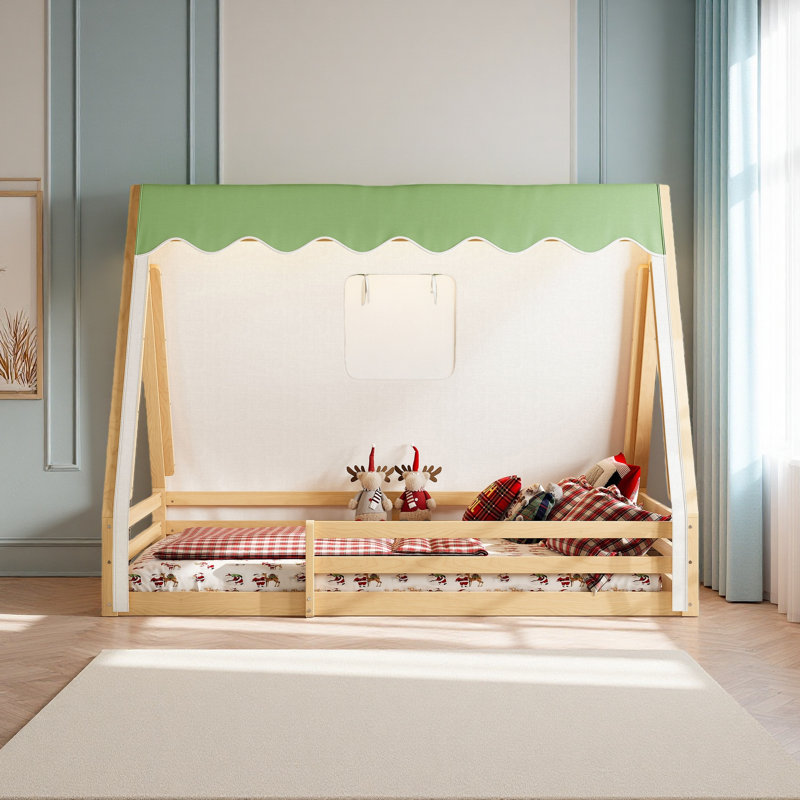 Lit de maison avec tente et lit de camp, Lit double, Vert