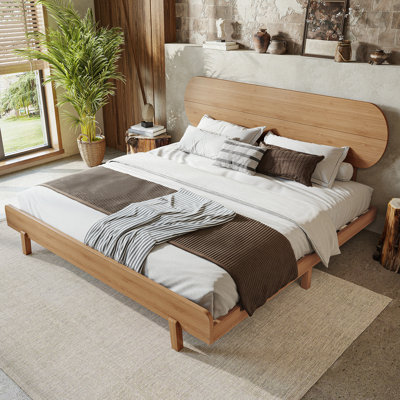 Lit plateforme pleine grandeur en bambou massif avec tête de lit ronde, sans sommier, design minimaliste, finition naturelle