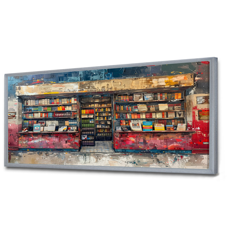 Décoration rétro rouge et bleue «I» - Boutiques et magasins - Décoration murale, Toile argentée avec cadre flottant