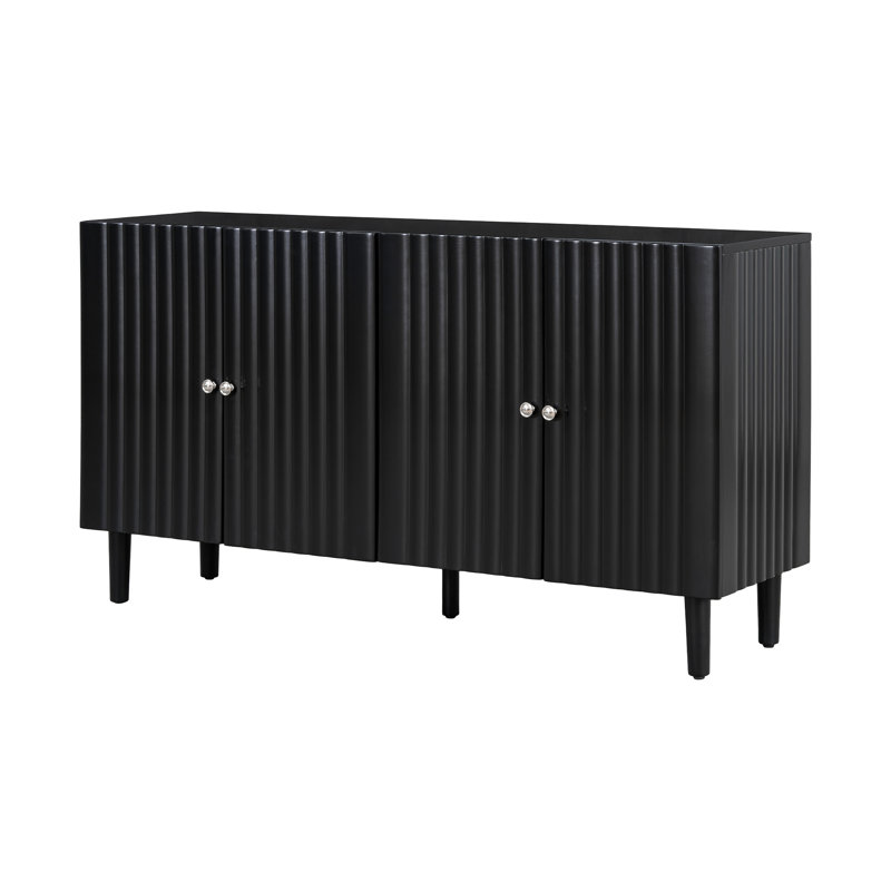 Buffet noir moderne de 58 pouces de large avec portes à motif ondulé, armoire de rangement de 32 po de hauteur avec tablettes réglables et poignées en métal, noir