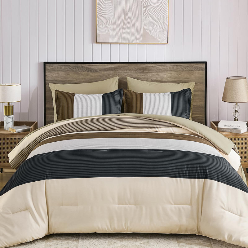 Ensemble d'édredon 7 pièces rayé en microfibre légère avec édredon, taies d'oreiller, taies décoratives, drap plat et drap-housse
