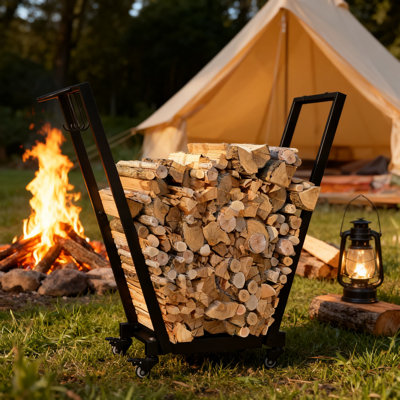 Heavy-Duty Mobile Firewood Rack With Swivel Casters And Storage Hooks For Indoor And Outdoor Wood Storage