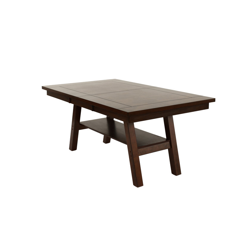 Table de salle à manger contemporaine en noyer foncé, tablette incluse, table en bois d'hévéa avec placage, base