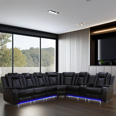 7 Seater Power Recliner Sectional Sofa Couch with LED, Leather Living Room Furniture Sofa Set by Latitude Run