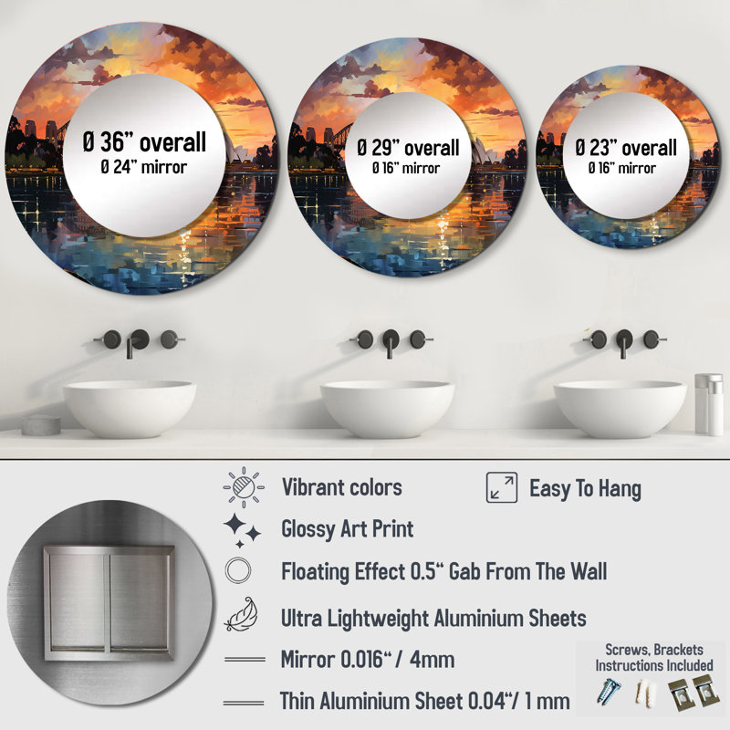 Popart Sydney City II - Sydney Round Mirror Wall Decor, 23 po x 23 po