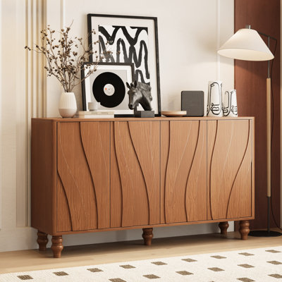 Meuble télé 63 po Mid-Century en bois avec 4 portes et 2 tablettes réglables