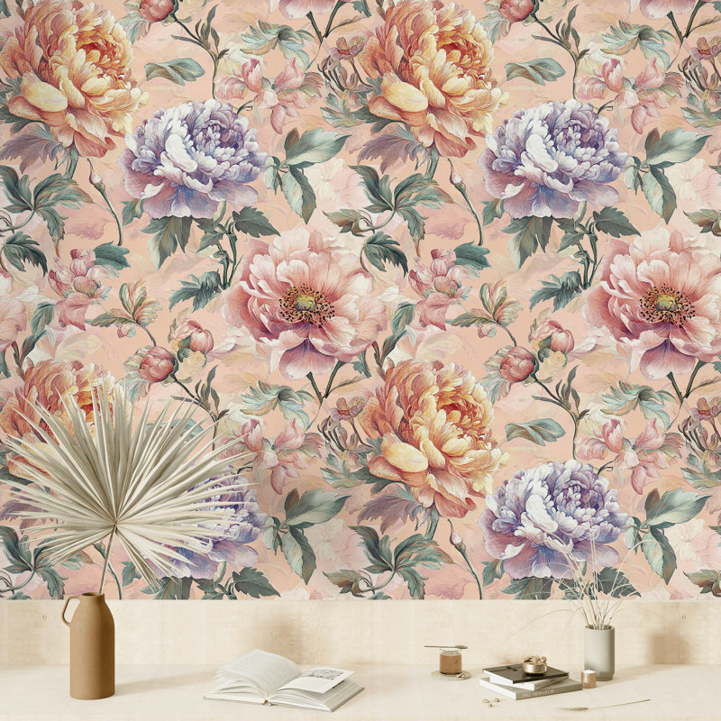 Papier peint floral pivoines, adhésif mural et botanique
