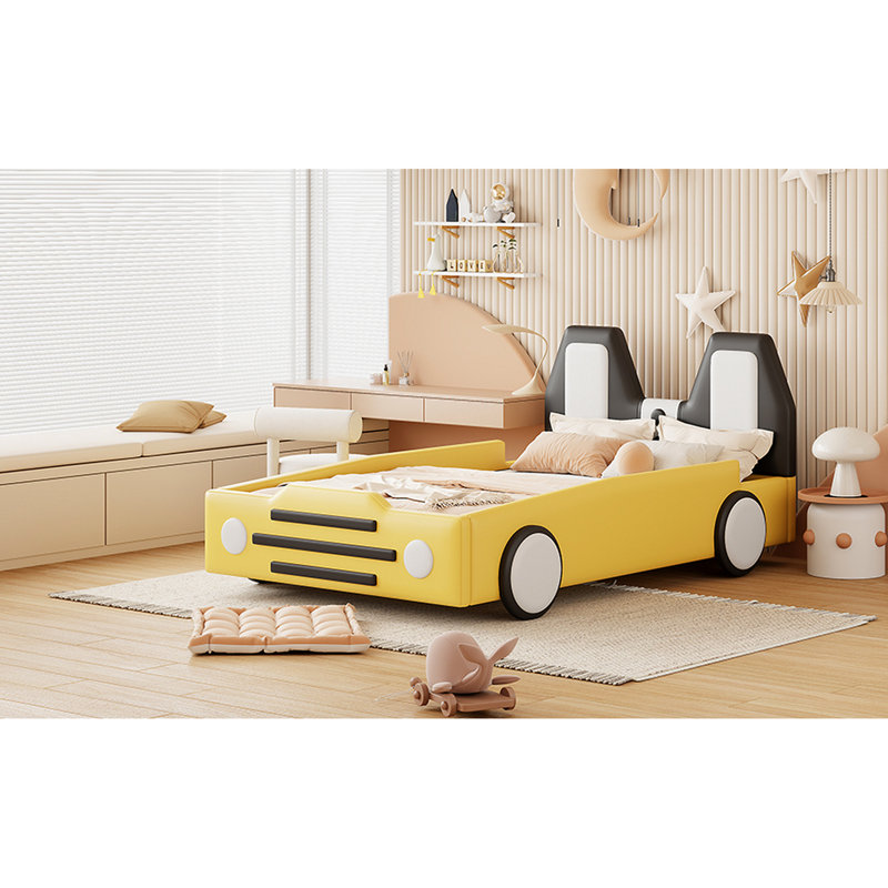 Twin Size Bed With Yellow Wheels In Captivating Race Car Style - And Functional Appealing Ensuring A Relaxing Night's Sleep