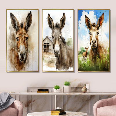 «Donkey Portrait Country Charm I», ensemble de 3 reproductions d'art sur toile