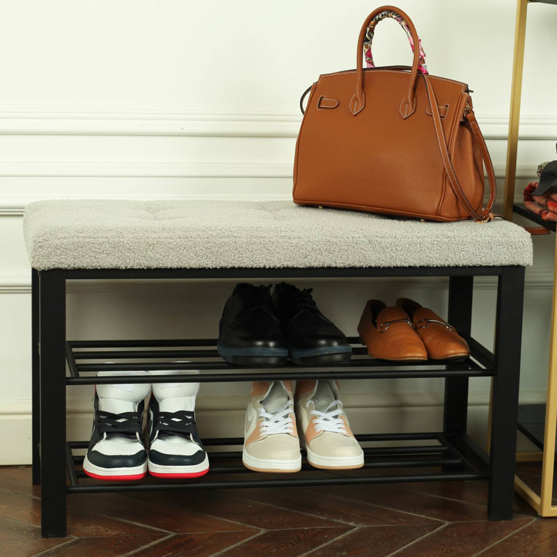 Black Metal Shoe Bench with Teddy Boucle Padded Seat | 2-Tiered Shoe Rack L81.5 W33 H50 cm, Grey