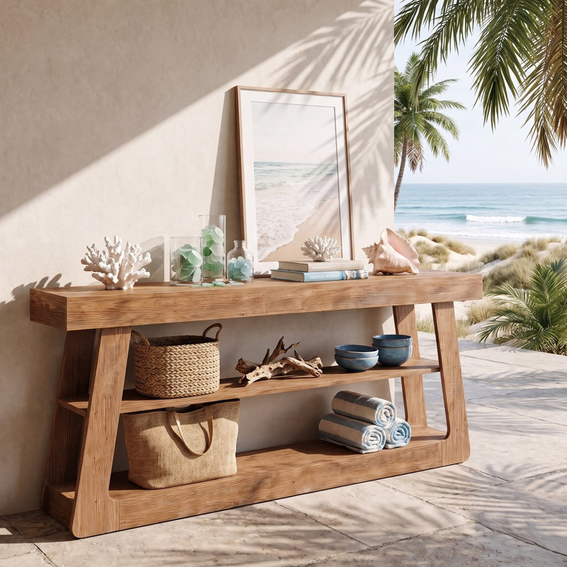 63" Solid Wood Console Table, 3-Tier Storage Narrow Sofa Table
