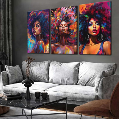 3Pcs African American Women Canvas Wall Art Colorful Graffiti Afro Girl Painting Modern Abstract Aesthetic Pictures Wall Decor Posters Print Artwork For Living Room Bedroom Home Decoration