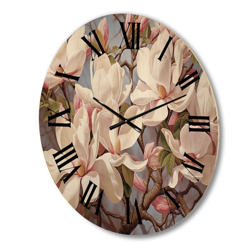 Whte Pink Magnolias Magnolia Harmony - Floral Oversized Wood Wall Clock, Moyenne