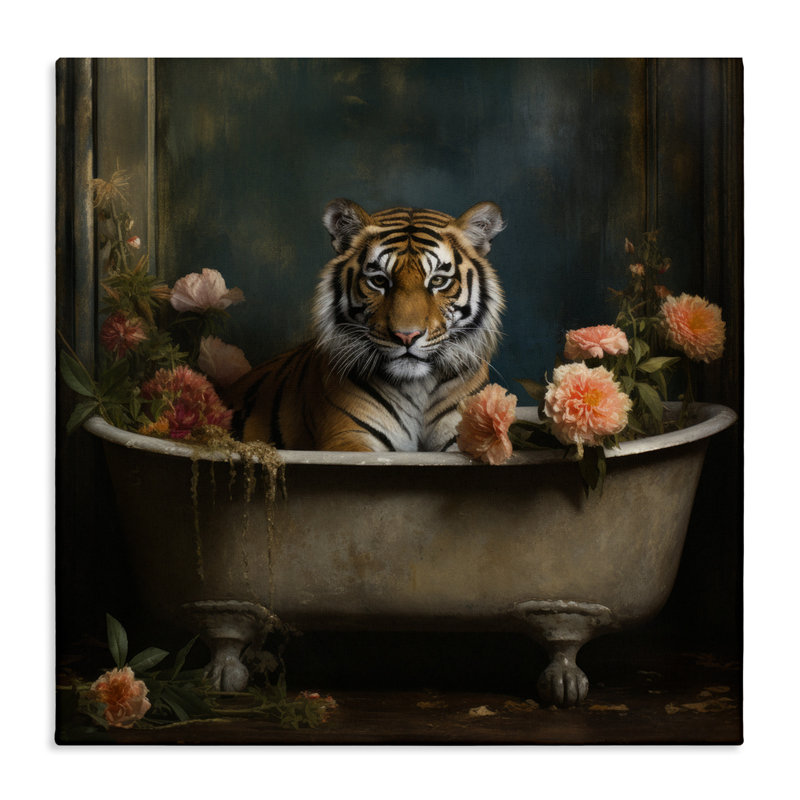 Tigre dans une baignoire florale sur toile par Lazar Studio, H 24 po x l 24 po x P 1,5 po