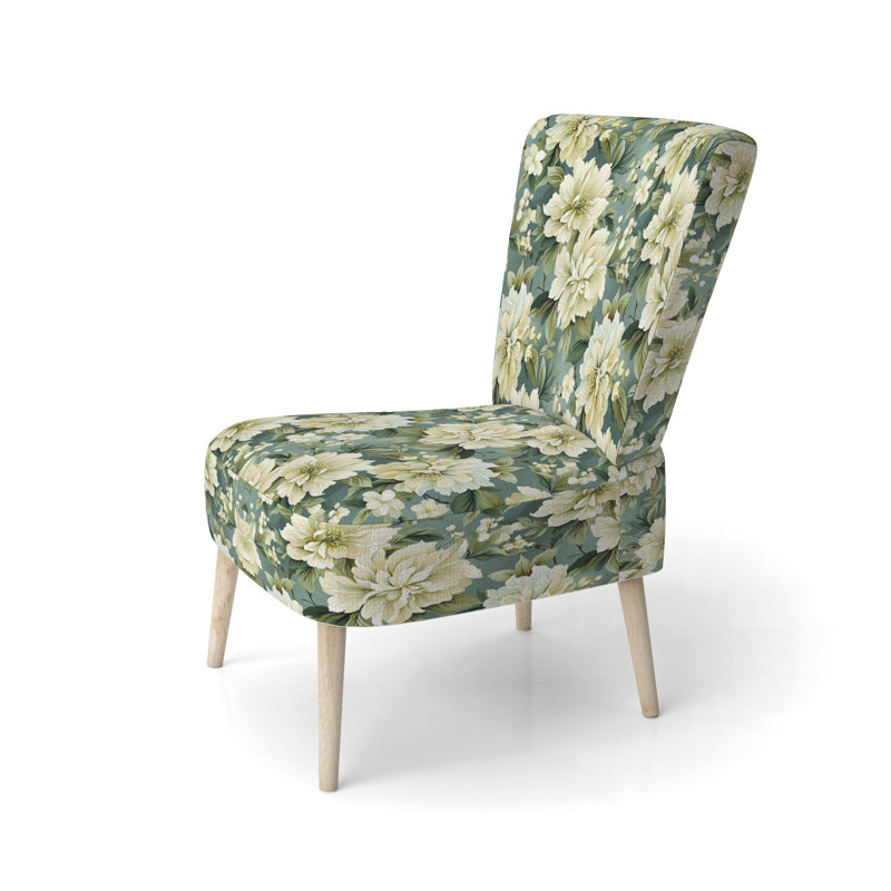 Chaise d'appoint rembourrée en velours beige et vert pivoines damassées Serenity II