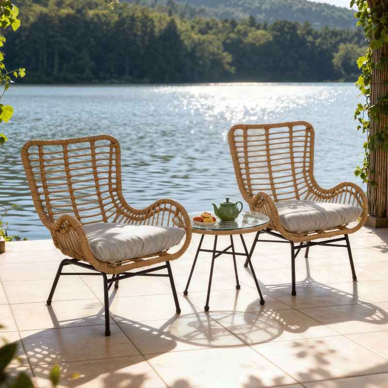 Rattan Patio Set With UV-Resistant Cushions & Glass Top Table 250Lb Capacity Outdoor Conversation Set​​, Beige